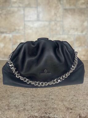 Michael Kors Nola XL Clutch Chain Shoulder Bag Black Plush Leather
